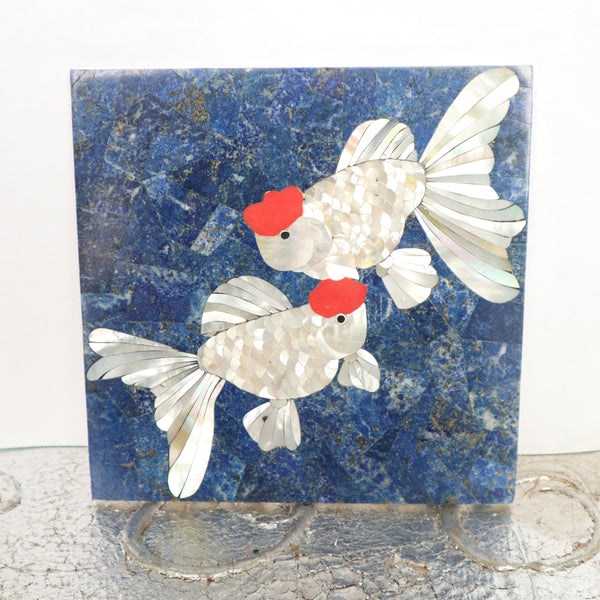 Handmade Lapis Tile with Koi Fish mosaic design for Gemstone Decor, Gem Wall Art, Stone Wall Art Tile, Home Decor Gifts