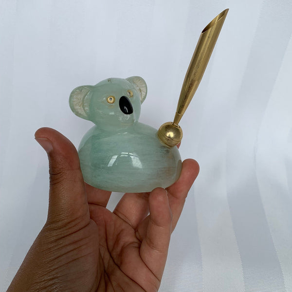 Fluorite Koala Bear Pen holder, Green Fluorite Figurine Carving