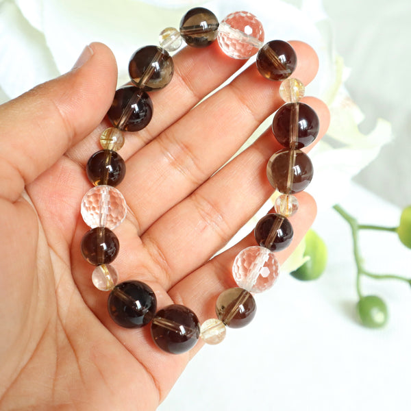 Smoky Quartz Bracelet with Micro-Faceted Clear Quartz Crystal in Super High Grade