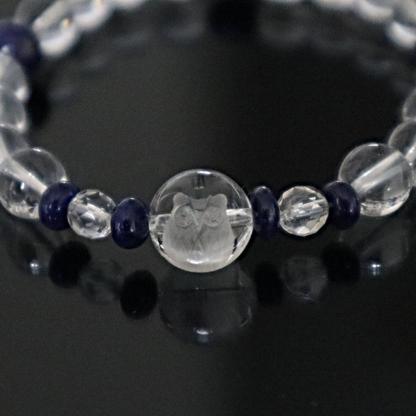Crystal Owl Bracelet, Hand Carved Crystal Quartz Owl Bracelet with Lapis