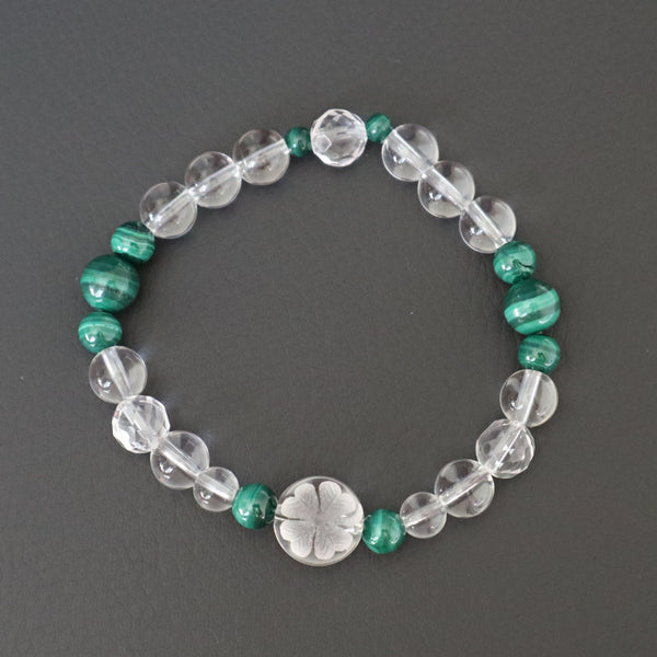 Crystal Clover Bracelet, Hand Carved Four Leaf Clover Crystal Quartz with Malachite Bracelet