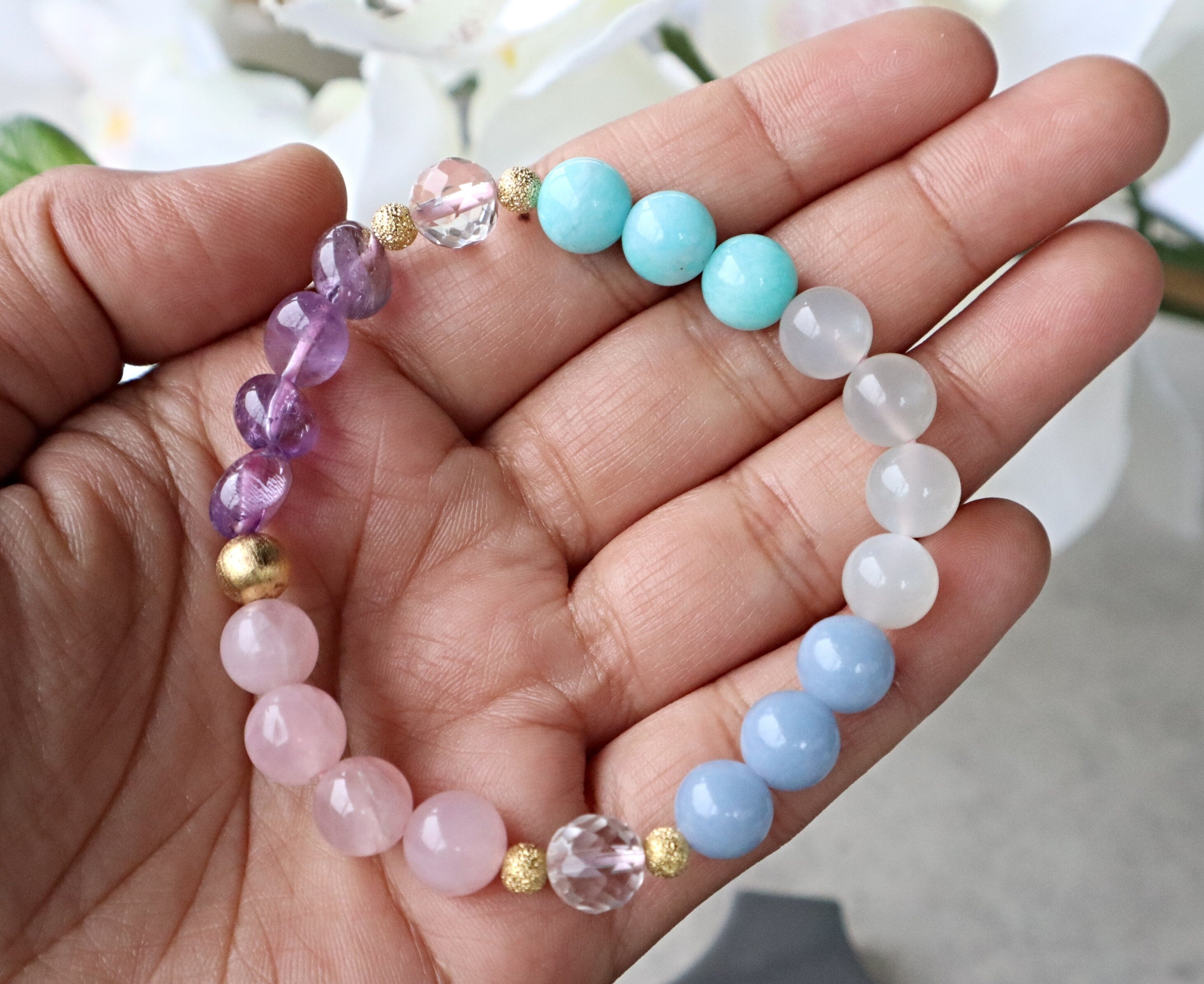 Moonstone Bracelet with Amazonite, Rose Quartz, Pink Lepidolite & Aquamarine, store Stunning Talisman for Divine Feminine Energy, Expression, Love