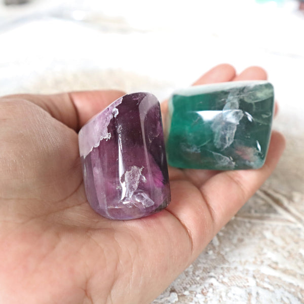 Green Purple Fluorite Palm Stone: Meditation Crystal Gift