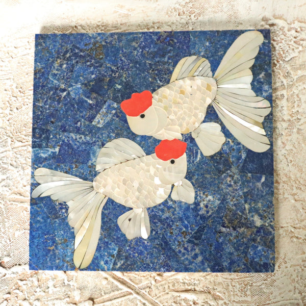 Handmade Lapis Tile: Koi Fish Mosaic, Gemstone Wall Art