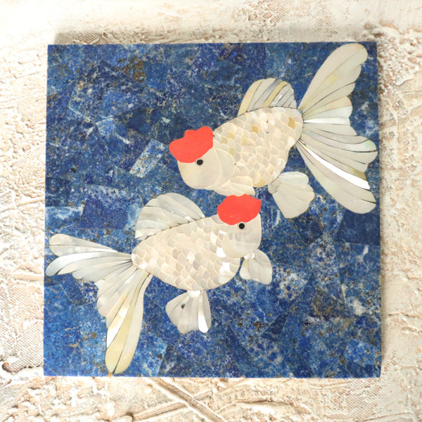 Handmade Lapis Tile: Koi Fish Mosaic, Gemstone Wall Art
