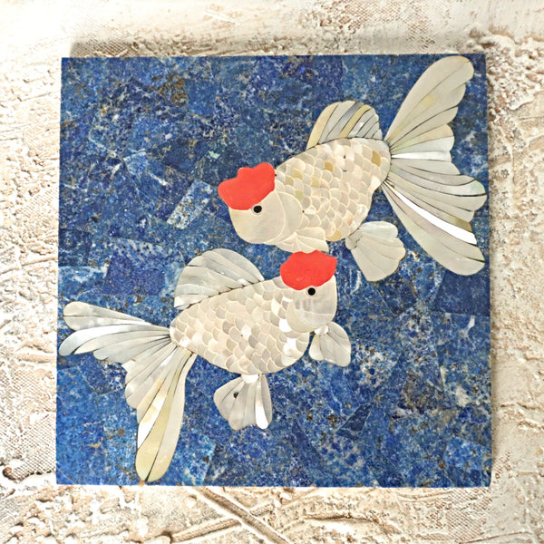 Handmade Lapis Tile: Koi Fish Mosaic, Gemstone Wall Art
