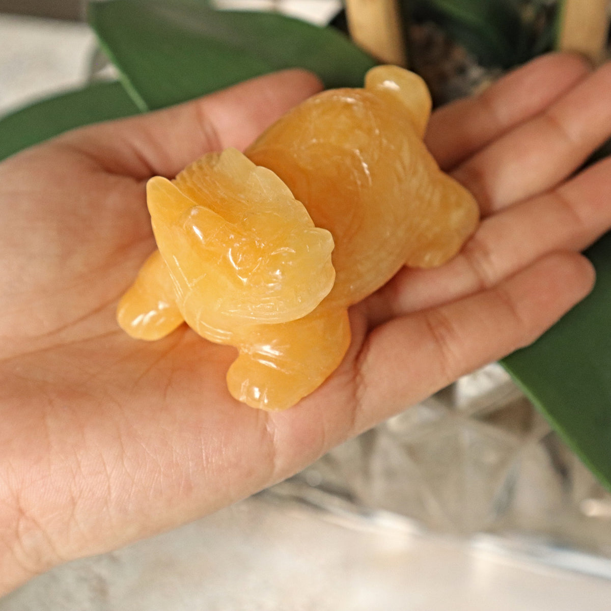 Hand Carved Yellow Calcite Dragon Turtle: Feng Shui Home Decor