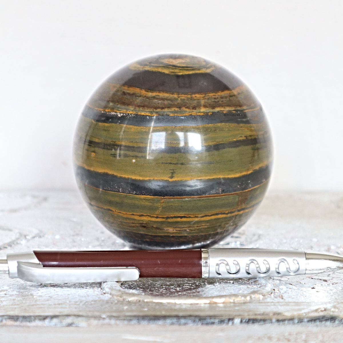 Iron Tiger Sphere: Hematite Tiger Eye, Root Chakra Decor