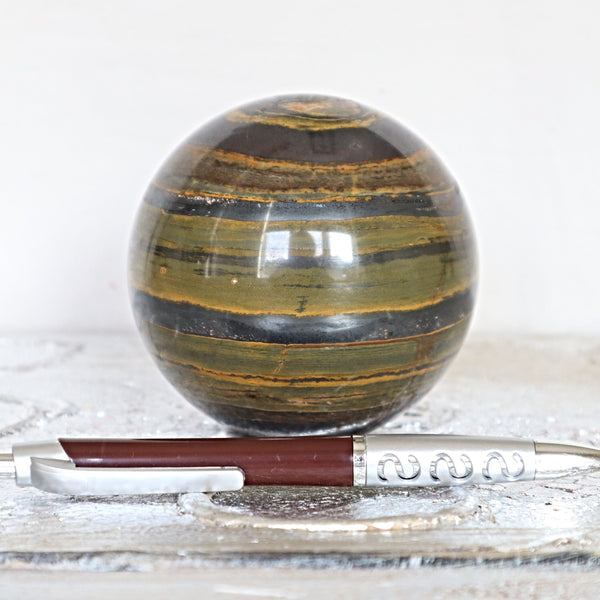 Iron Tiger Sphere: Hematite Tiger Eye, Root Chakra Decor