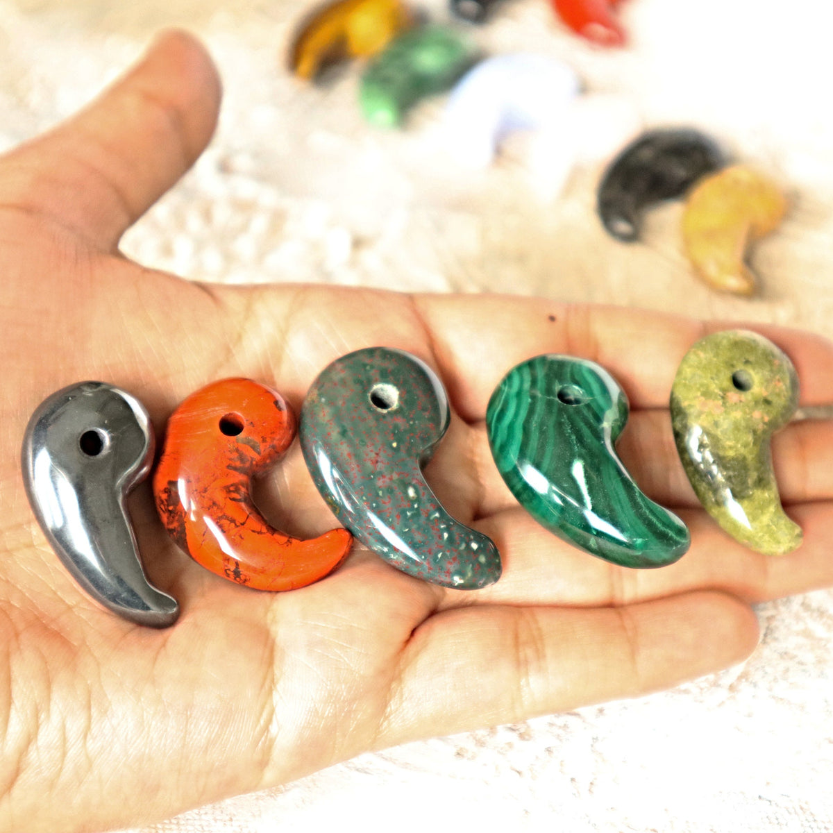 Magatama Black Tourmaline Malachite Bloodstone Japanese Good Fortune Talisman Pendant