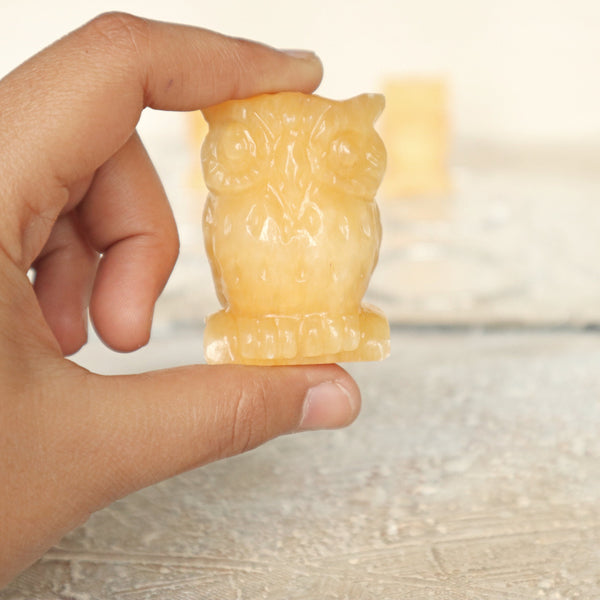 Hand Carved Yellow Calcite Owl Figurine: Feng Shui Crystal Decor