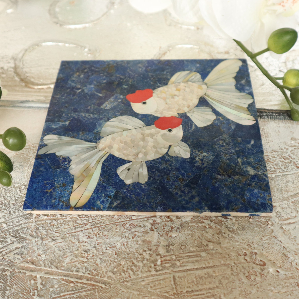 Handmade Lapis Tile: Koi Fish Mosaic, Gemstone Wall Art