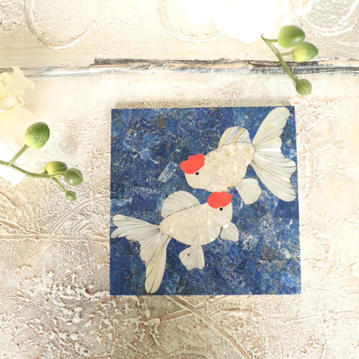 Handmade Lapis Tile: Koi Fish Mosaic, Gemstone Wall Art