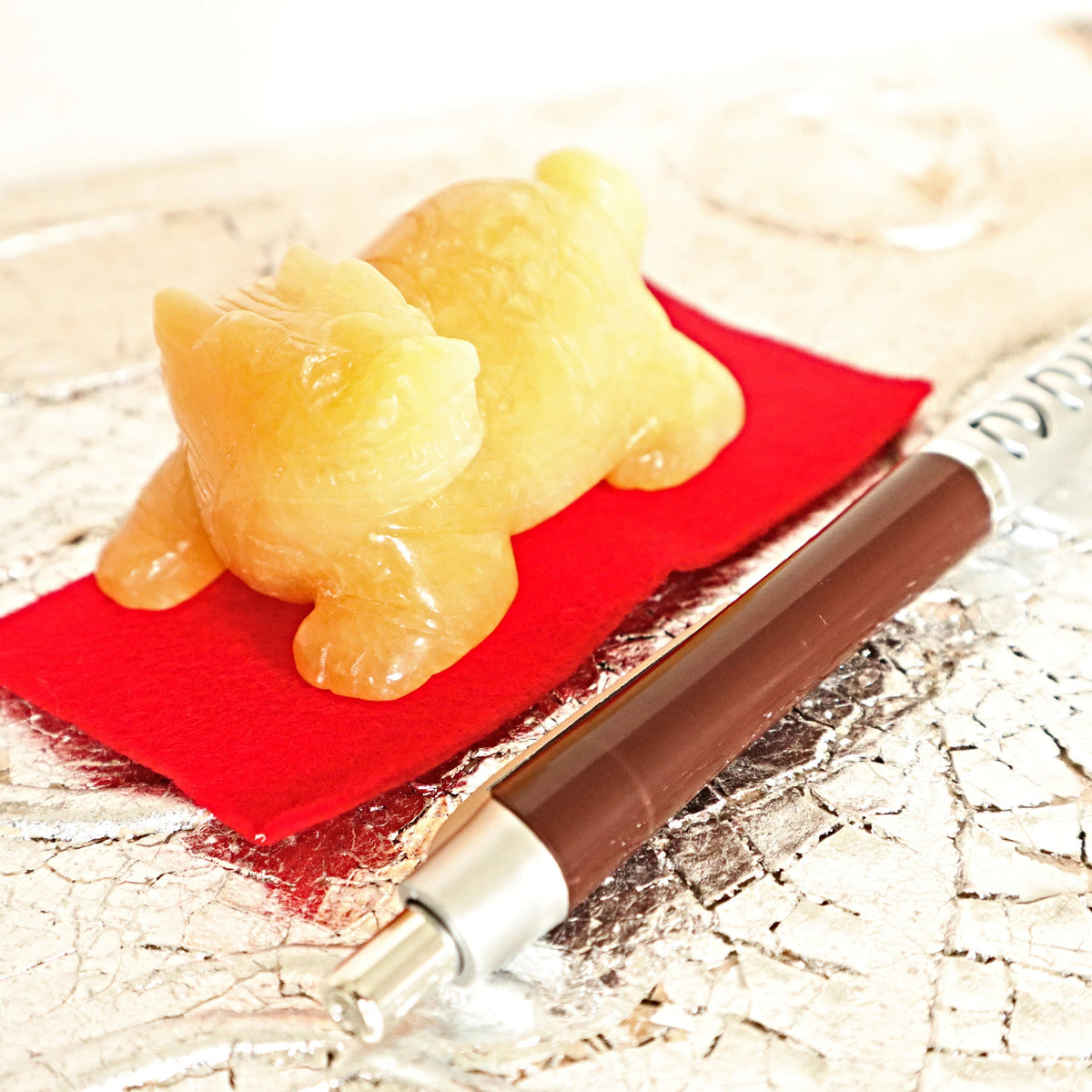 Hand Carved Yellow Calcite Dragon Turtle: Feng Shui Home Decor