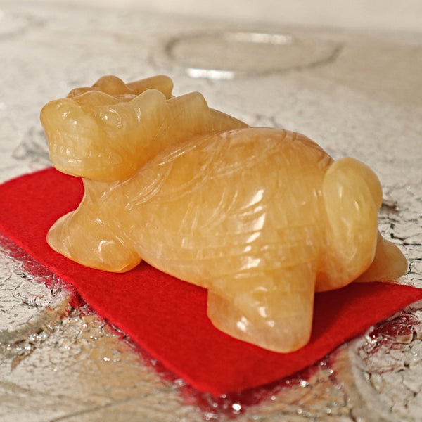 Hand Carved Yellow Calcite Dragon Turtle: Feng Shui Home Decor