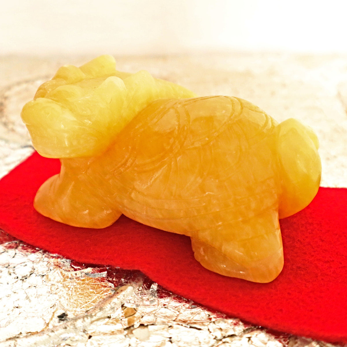 Hand Carved Yellow Calcite Dragon Turtle: Feng Shui Home Decor
