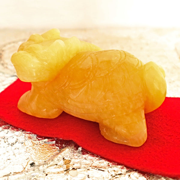 Hand Carved Yellow Calcite Dragon Turtle: Feng Shui Home Decor