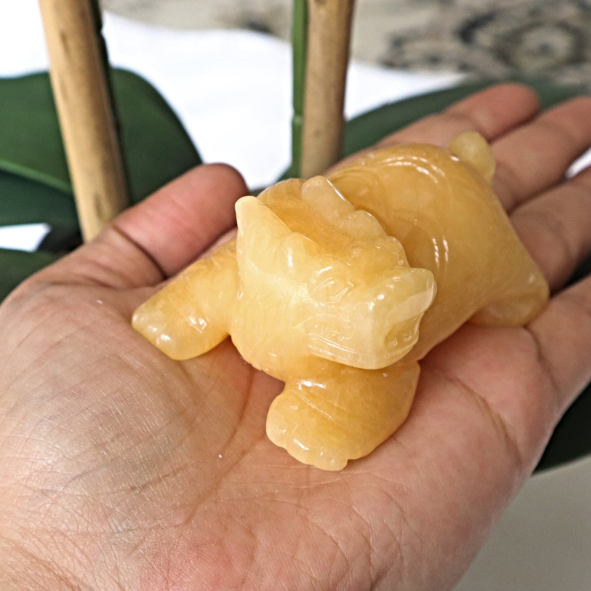 Hand Carved Yellow Calcite Dragon Turtle: Feng Shui Home Decor