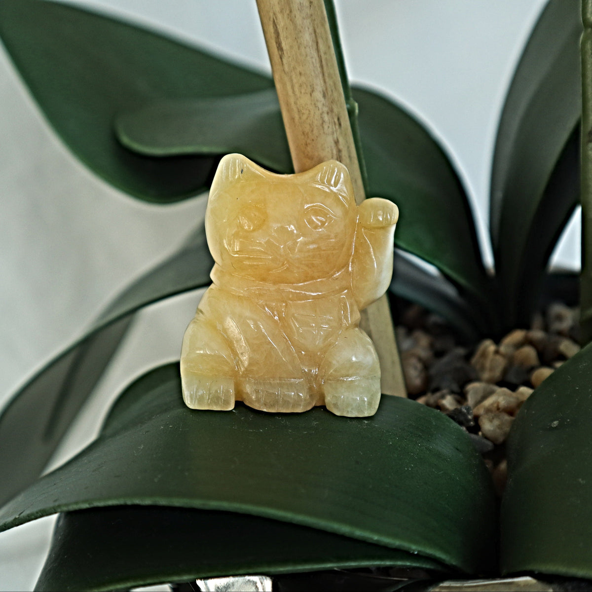 Orange Calcite Beckoning Lucky Cat: Feng Shui Home Decor