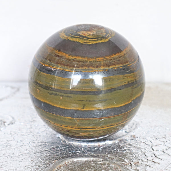 Iron Tiger Sphere: Hematite Tiger Eye, Root Chakra Decor