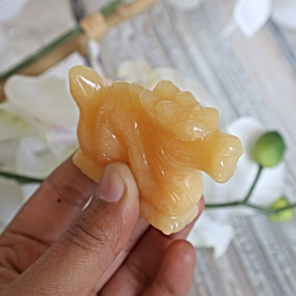 Hand Carved Orange Calcite Dragon: Feng Shui Home Decor