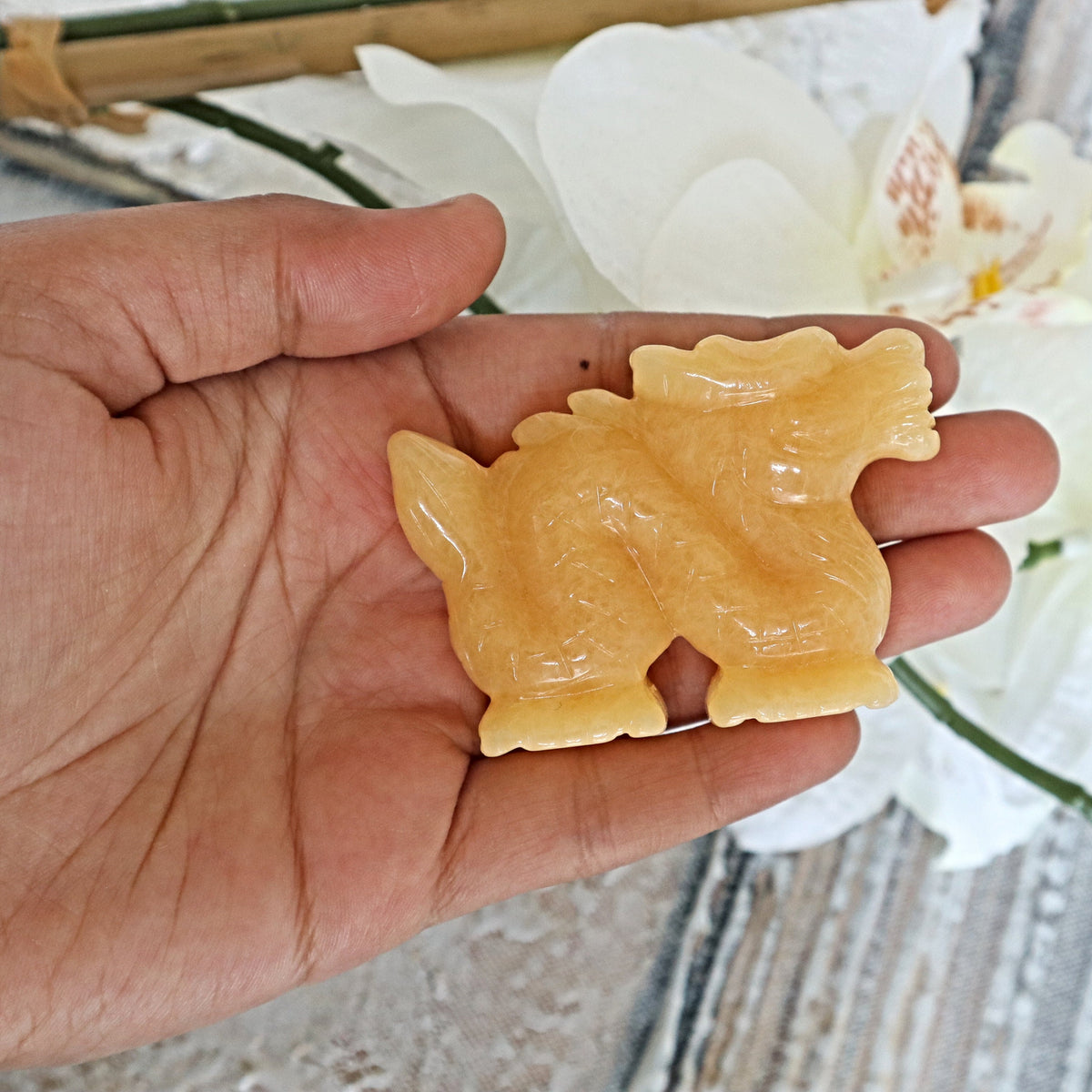Hand Carved Orange Calcite Dragon: Feng Shui Home Decor