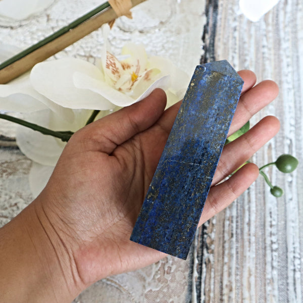 Lapis Lazuli Obelisk Tower: 4.5" Crystal Point with Pyrite