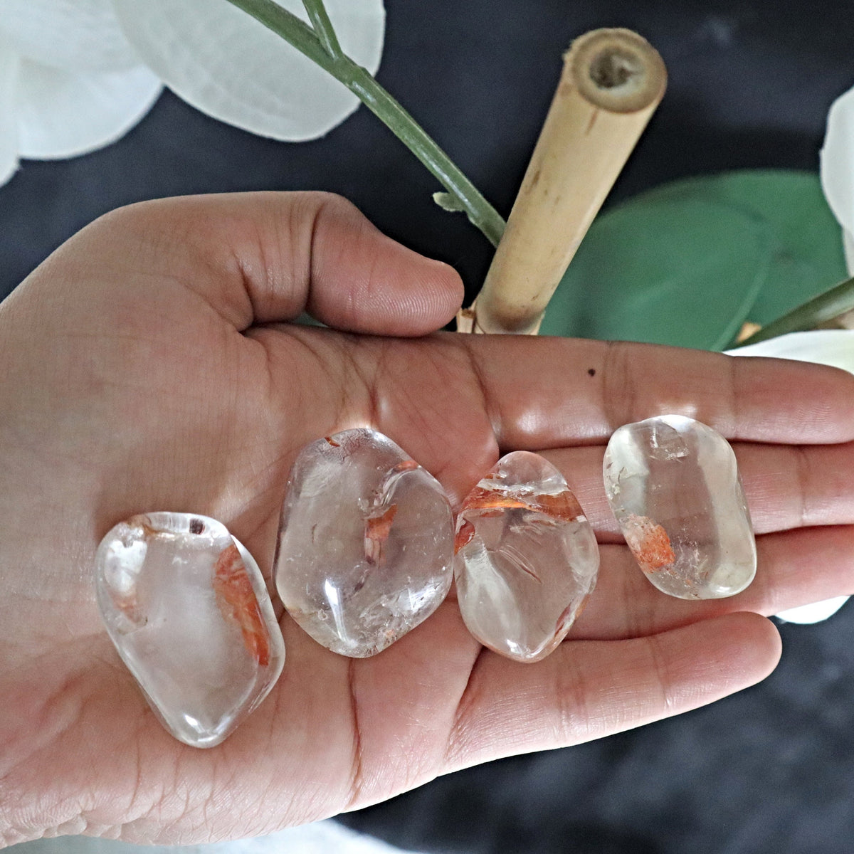 Himalayan Quartz Palm Stone: Iron Oxide Inclusions, Wealth Crystal