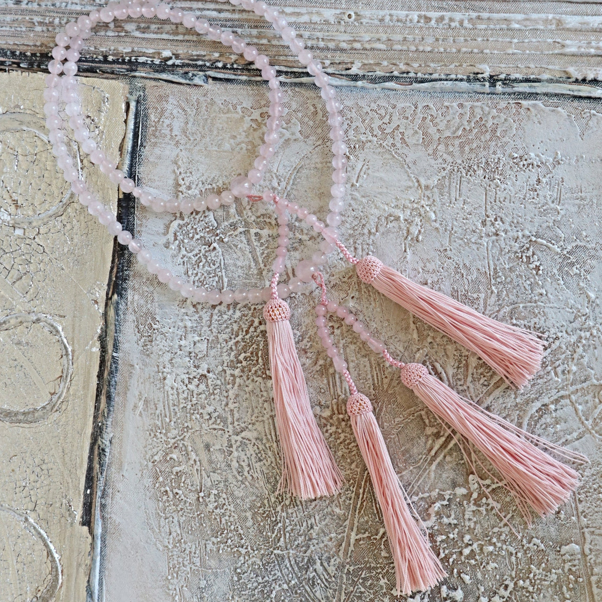 Rose Quartz Mala Beads: Japanese Zen Meditation Rosary with Tassels