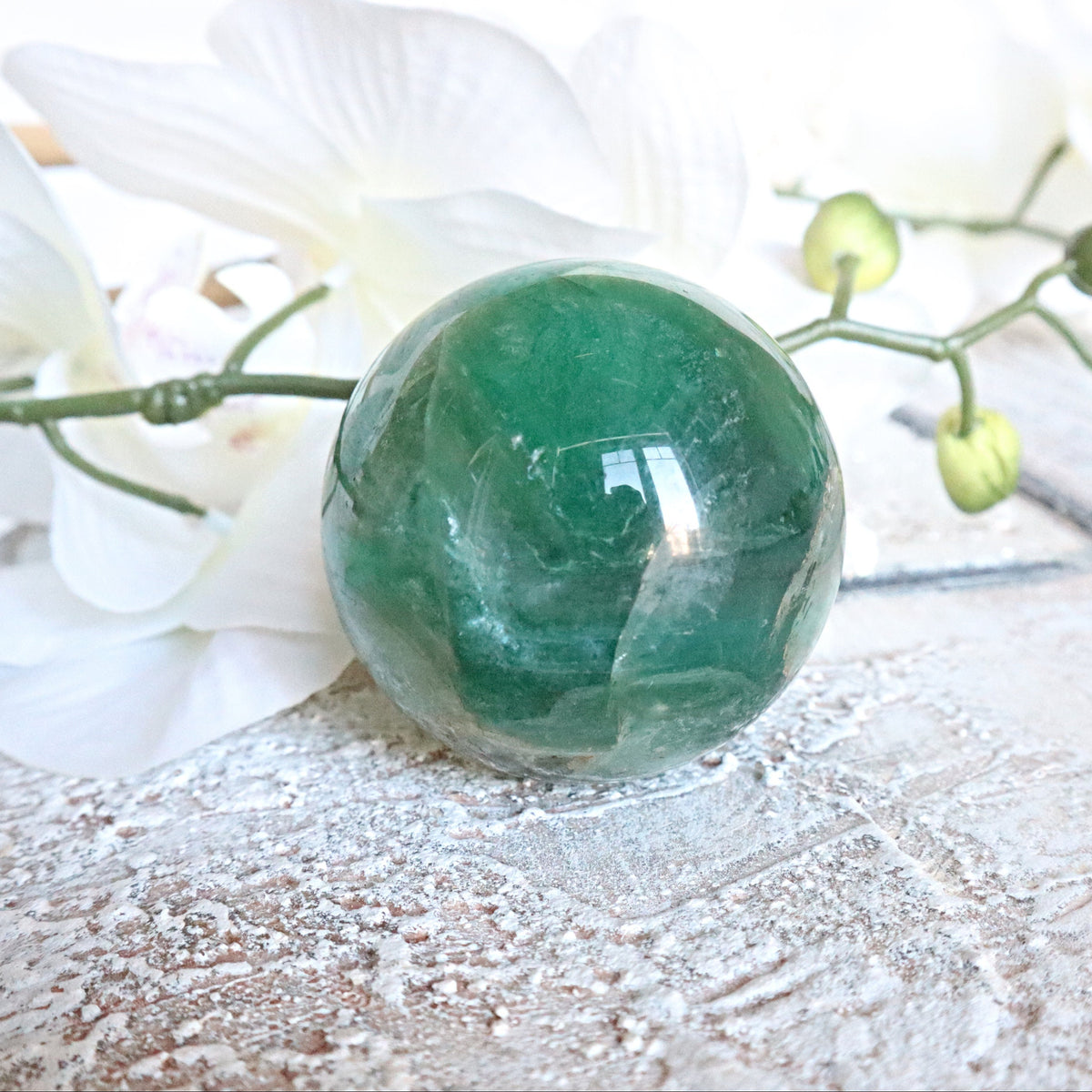 Green Fluorite Sphere: Polished Crystal for Abundance (60mm or 50mm)