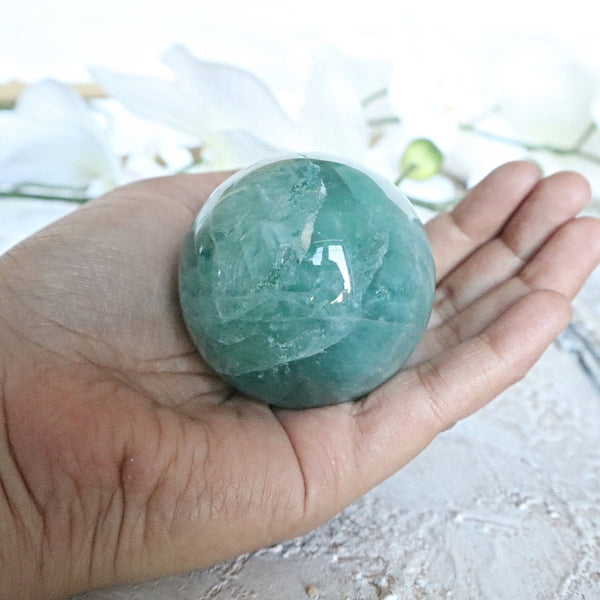 Green Fluorite Sphere: Polished Crystal for Abundance (60mm or 50mm)