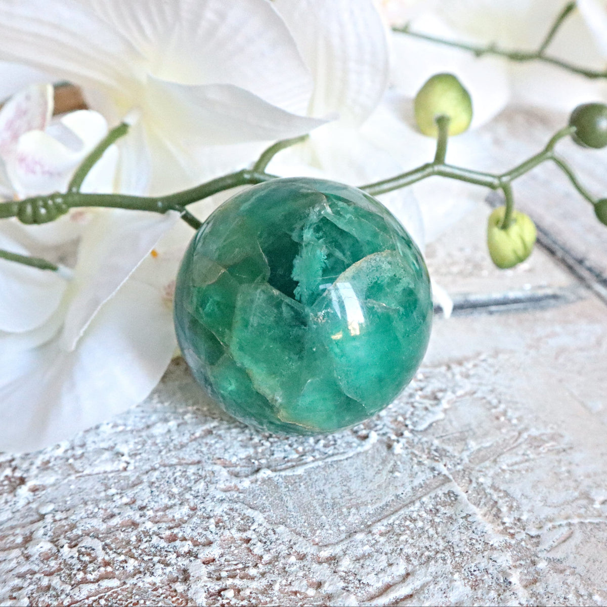 Green Fluorite Sphere: Polished Crystal for Abundance (60mm or 50mm)