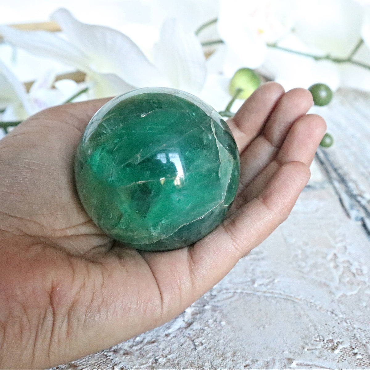 Green Fluorite Sphere: Polished Crystal for Abundance (60mm or 50mm)