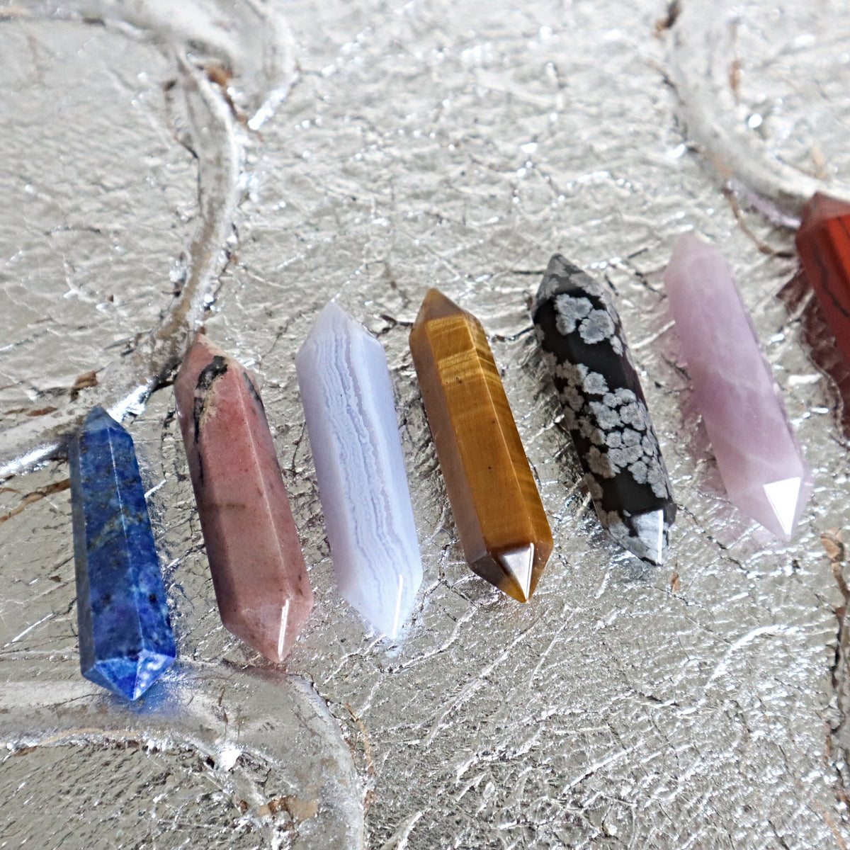 Double Point Crystal Set: Lapis, Rhodonite, Agate, Jasper, Obsidian