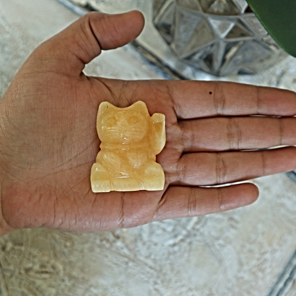Orange Calcite Beckoning Lucky Cat: Feng Shui Home Decor