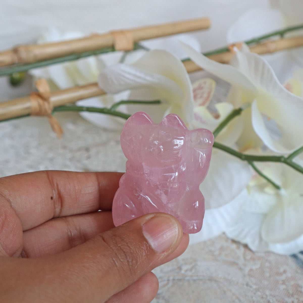 Rose Quartz Maneki Neko: Japanese Lucky Cat Home Decor (1.6 inch)