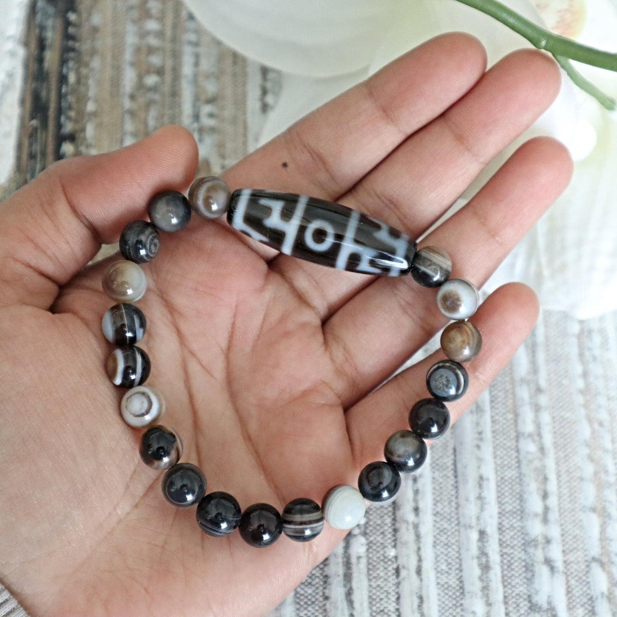 2 Eye Dzi Bead Bracelet: Tibetan Agate Amulet