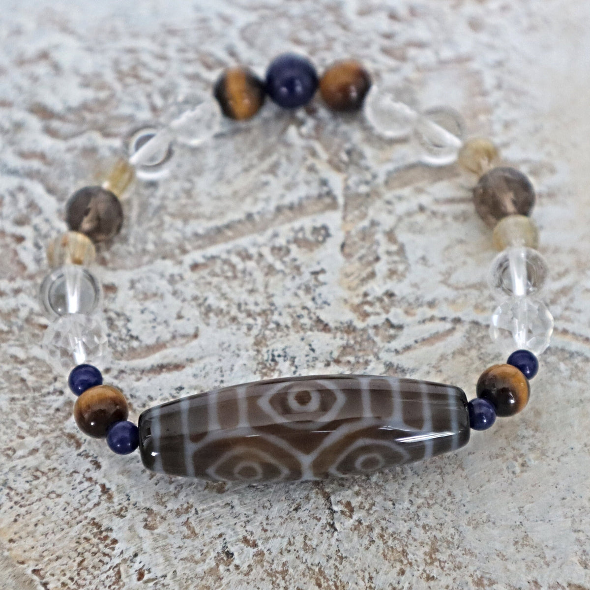 6 Dragon Eye Dzi Bead Bracelet: Tibetan Agate, Lapis & Quartz Crystal