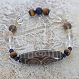 6 Dragon Eye Dzi Bead Bracelet: Tibetan Agate, Lapis & Quartz Crystal