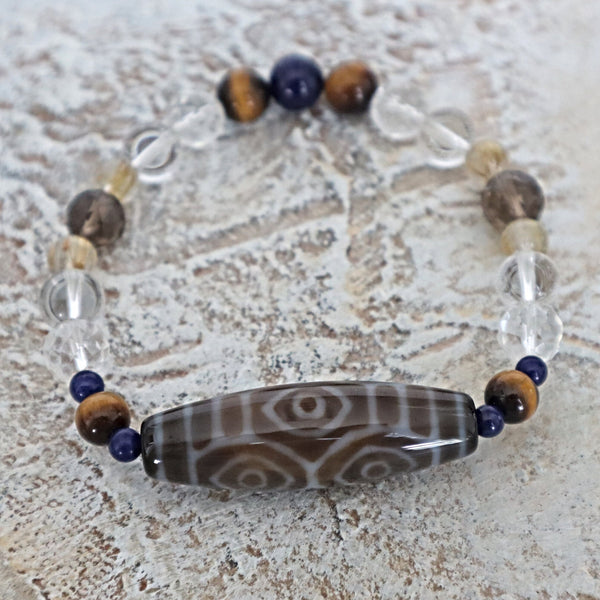 6 Dragon Eye Dzi Bead Bracelet: Tibetan Agate, Lapis & Quartz Crystal