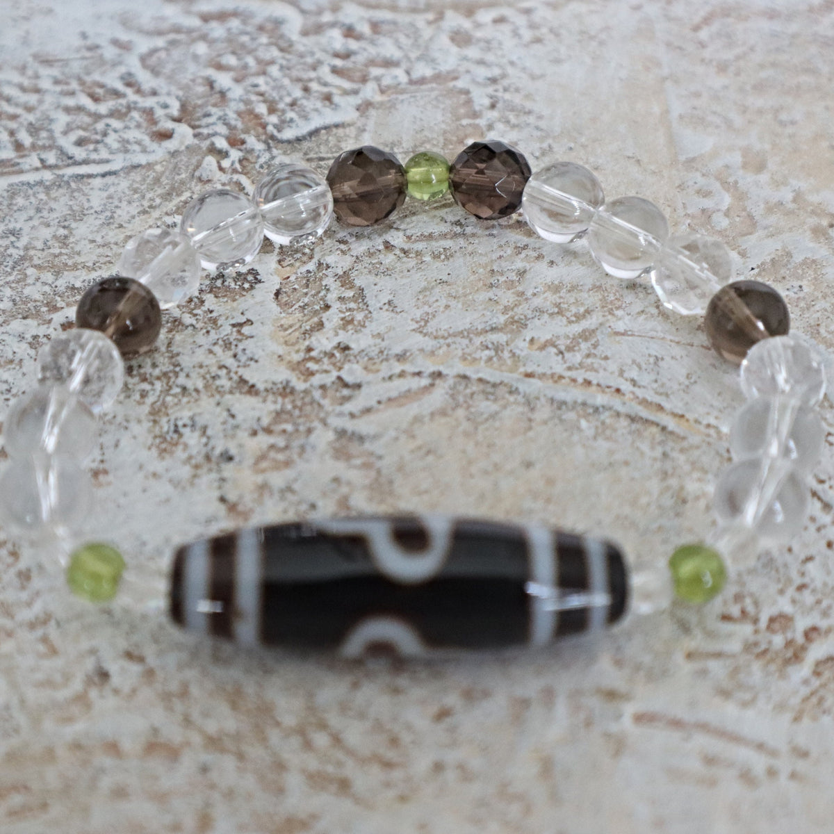 Tibetan Dzi Agate Bead Bracelet: Quartz, Peridot, Amulet of Luck