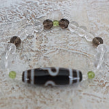 Tibetan Dzi Agate Bead Bracelet: Quartz, Peridot, Amulet of Luck