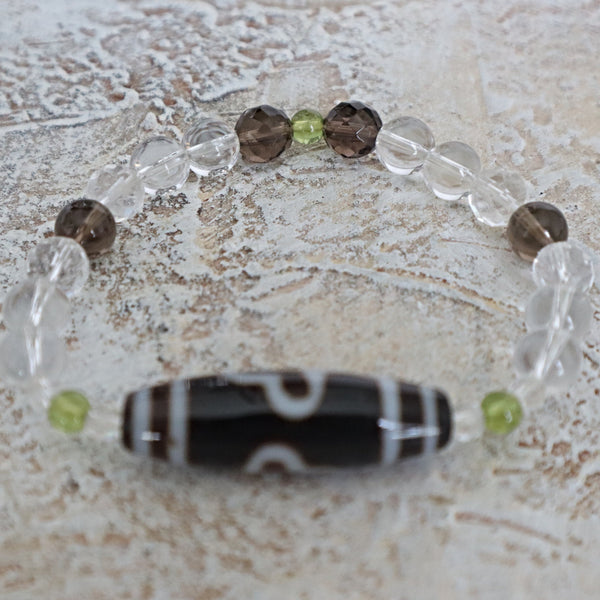 Tibetan Dzi Agate Bead Bracelet: Quartz, Peridot, Amulet of Luck