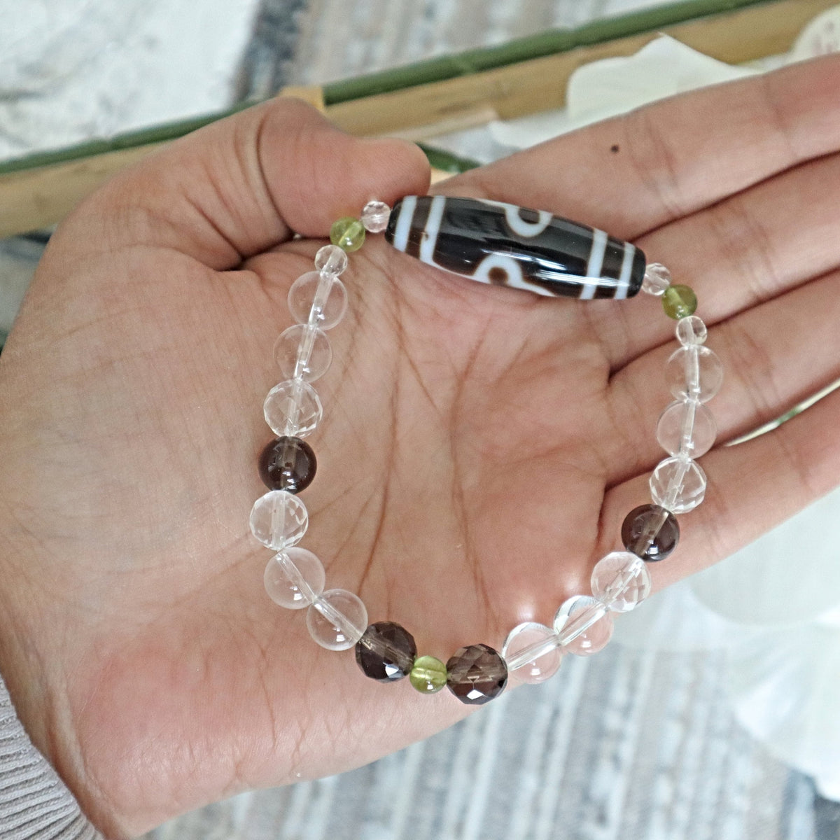 Tibetan Dzi Agate Bead Bracelet: Quartz, Peridot, Amulet of Luck