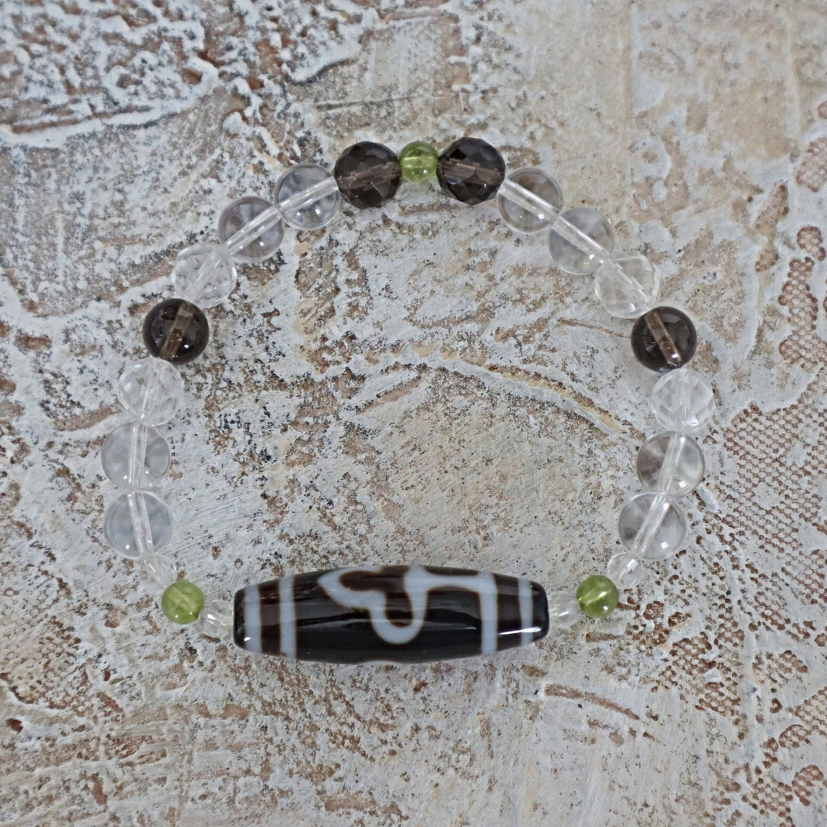 Tibetan Dzi Agate Bead Bracelet: Quartz, Peridot, Amulet of Luck