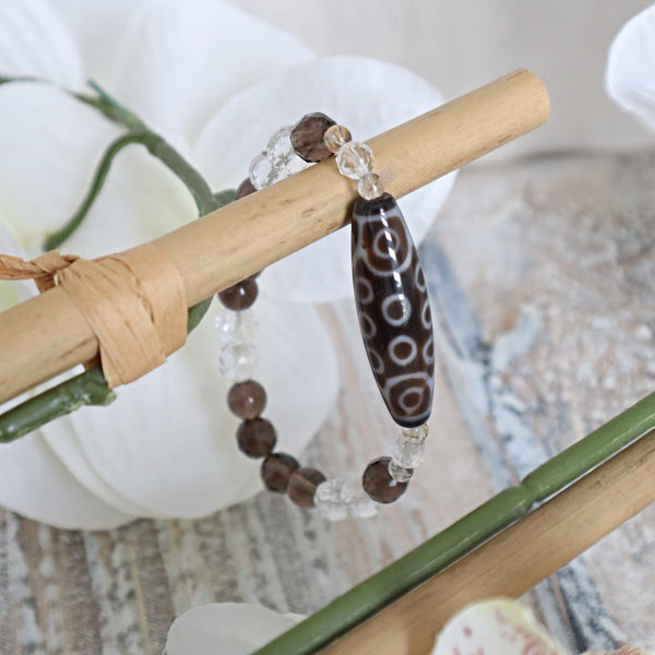 21 Eyed Dzi Bead Bracelet: Tibetan Agate, Quartz Crystal Amulet