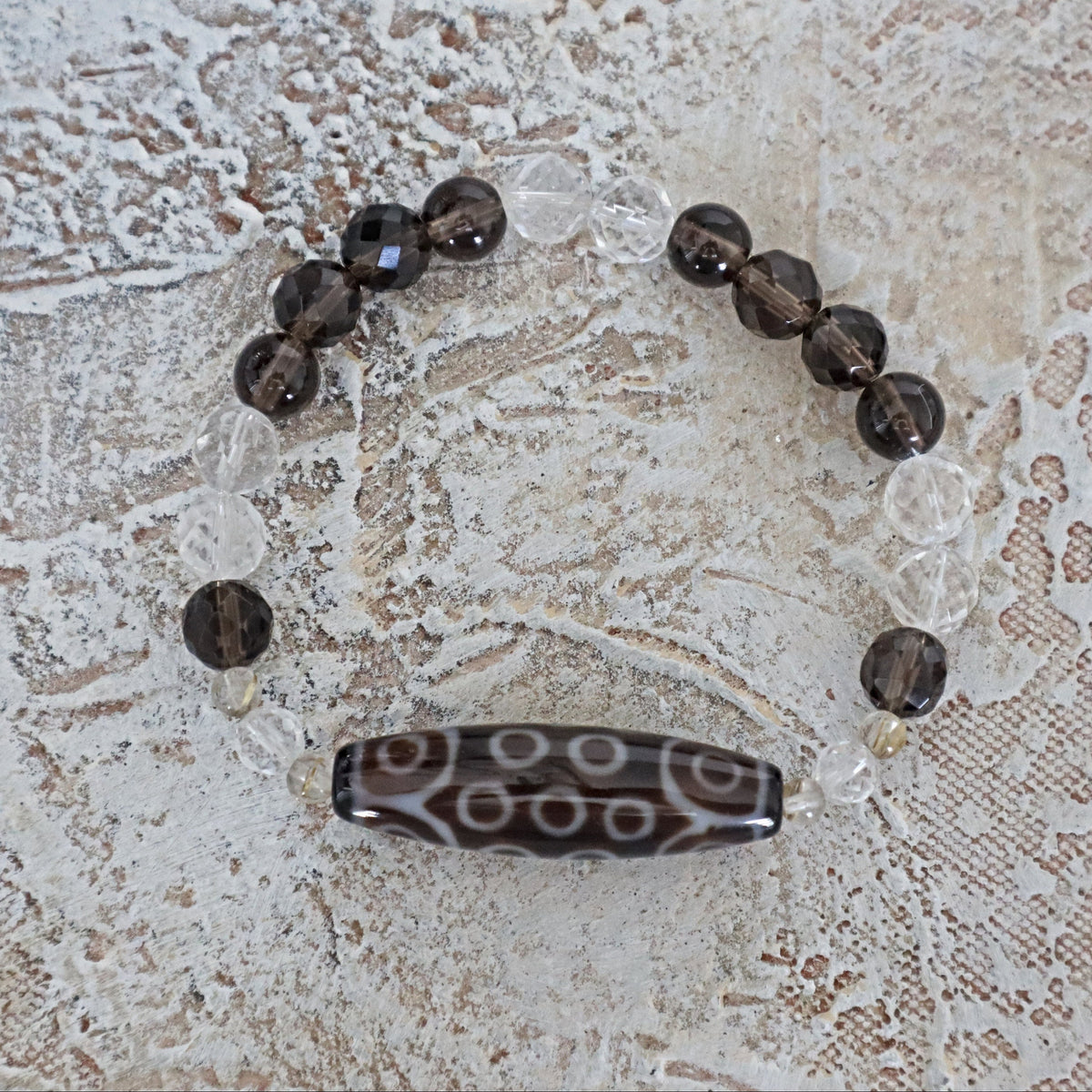 21 Eyed Dzi Bead Bracelet: Tibetan Agate, Quartz Crystal Amulet