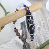 Lotus Dzi Agate Bead Bracelet: Tibetan Amulet, Lapis & Quartz