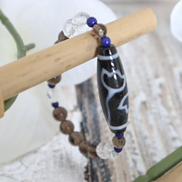 Lotus Dzi Agate Bead Bracelet: Tibetan Amulet, Lapis & Quartz