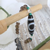 2 Eyed Dzi Bead Bracelet: Tibetan Agate, Malachite, Quartz